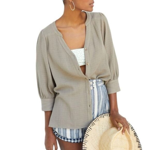 Anthropologie Porridge Gauzy Tunic Button down in Taupe Size Medium EUC - Picture 1 of 13